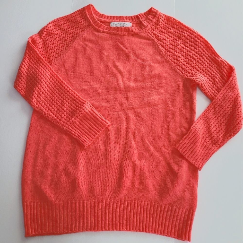 FOREVER 21 Y2K Retro Coral Pullover Sweater Size S Small crochet accent shoulder - Picture 2 of 7